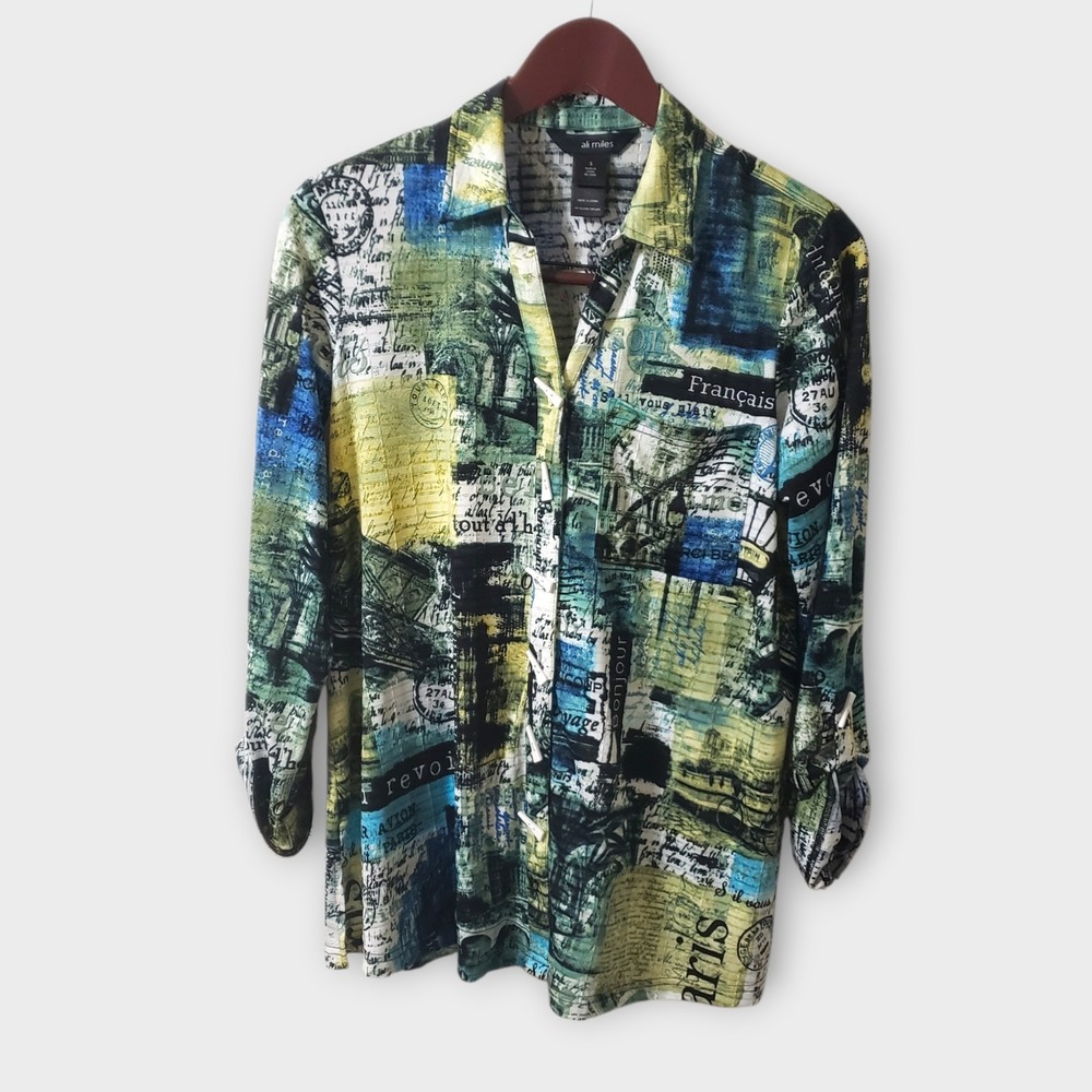 Ali‎ Miles Parisian Travel Button Up Knit Shirt Roll Tab Sleeve Size Small